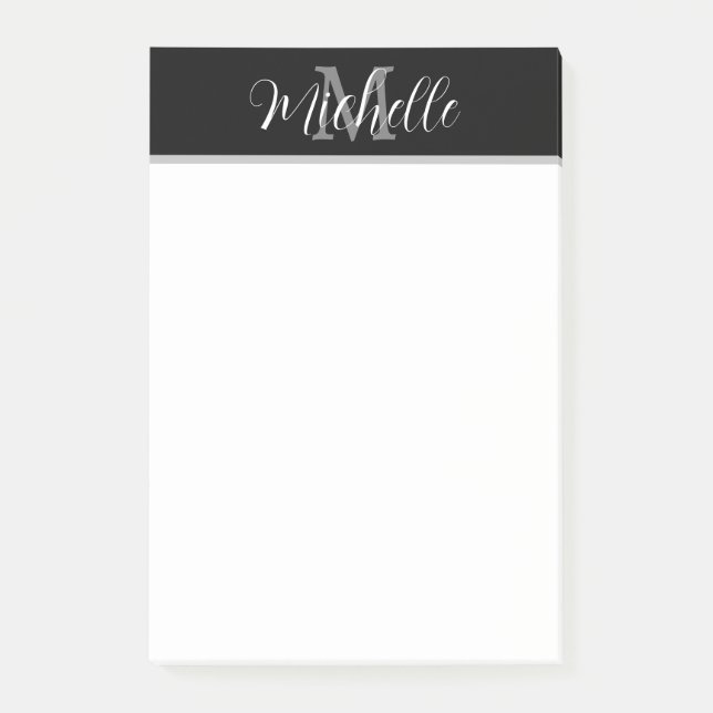 Post-it® Élégant élégant noir gris monogramme Nom du script (Devant)