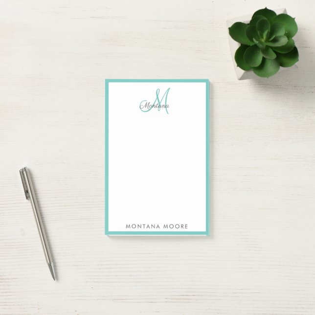 Post-it® Élégant Monogramme Moderne Simple Fille Turquoise  (Bureau)