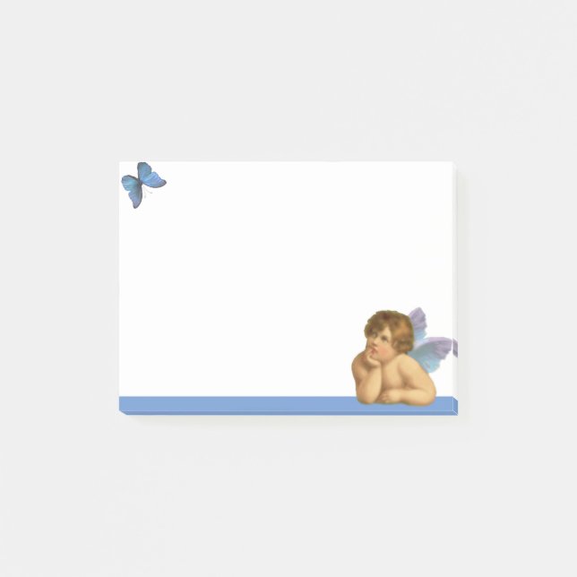 Post-it® Élégant Raphael Cherub & Bleu Papillon sur Blanc (Devant)