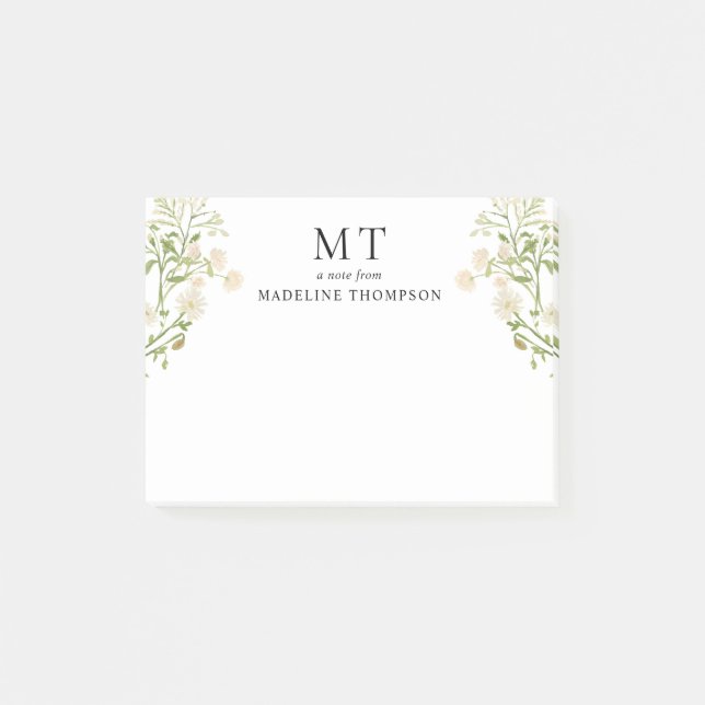 Post-it® Elegant White Floral Wildflower Classic Monogram (Devant)