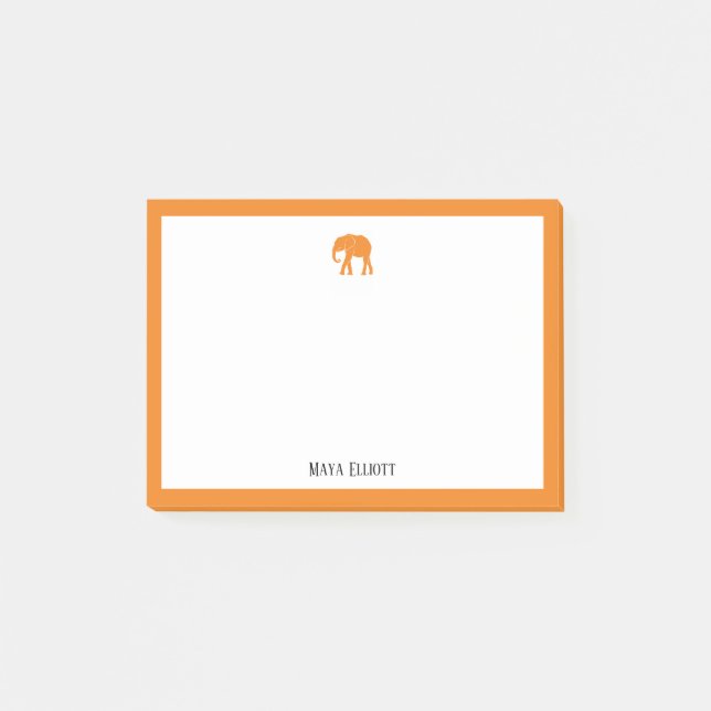 Post-it® Éléphant Orange et Bordure sur Fond Blanc avec Nom (Devant)