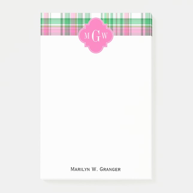 Post-it® Emerald Green Hot Pink Wht Preppy Madras (Devant)