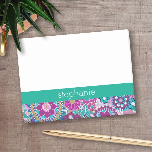 Post-it® Émeraude et motif floral rose - Ajouter votre nom (Personalized Post-It Notes - add name or other text)