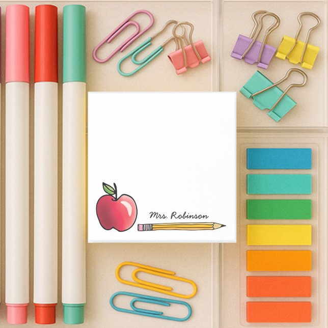 Post-it® Enseignant personnalisé Apple et crayon 3 x 3 (4x6 white sticky note with apple and pencil with custom name for your teacher)
