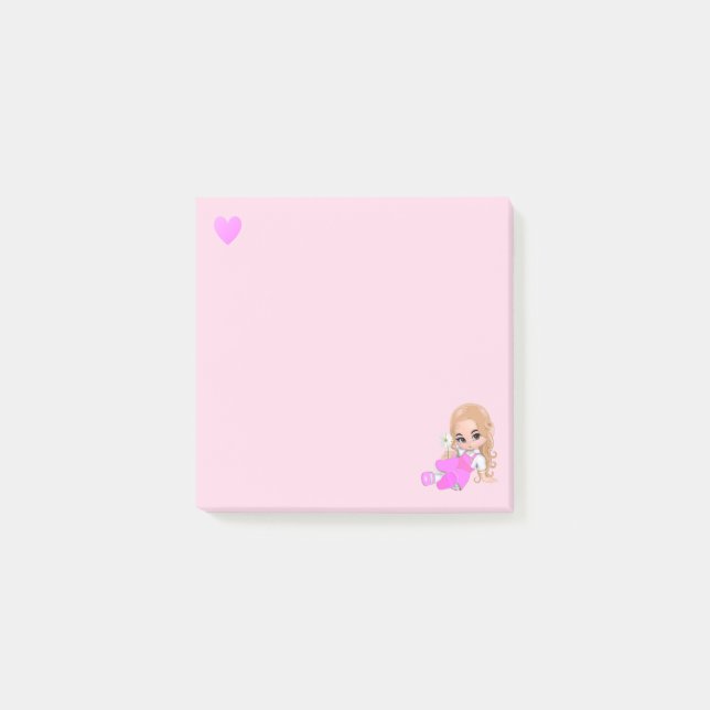 Post-it® Fée de coeur et mignonne avec marguerite sur rose  (Devant)