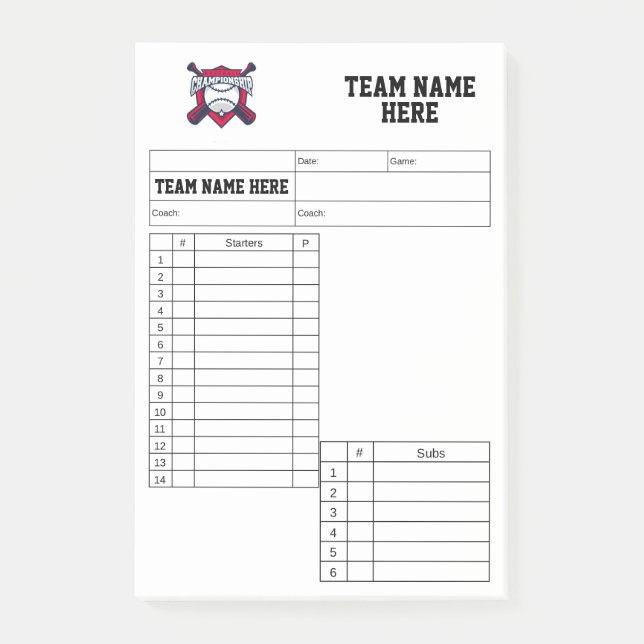 Post-it® Feuilles de composition d'équipe de baseball (Devant)