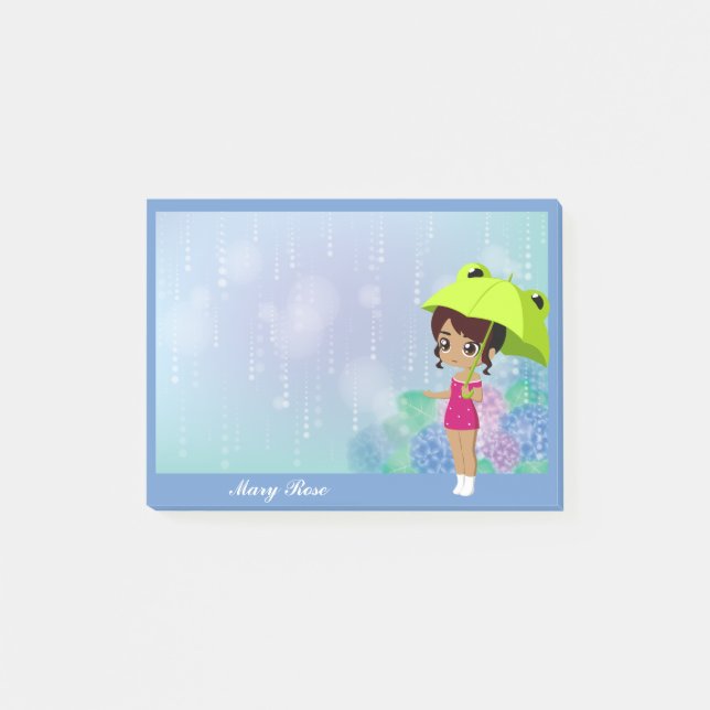 Post-it® Fille Avec Grenouille Parapluie & Fleurs Hydrangée (Devant)
