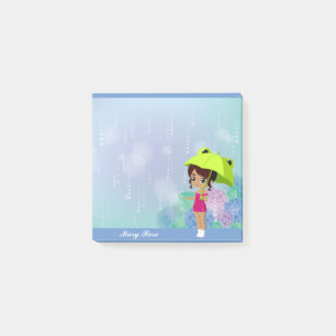 Post-it® Fille Avec Grenouille Parapluie & Fleurs Hydrangée