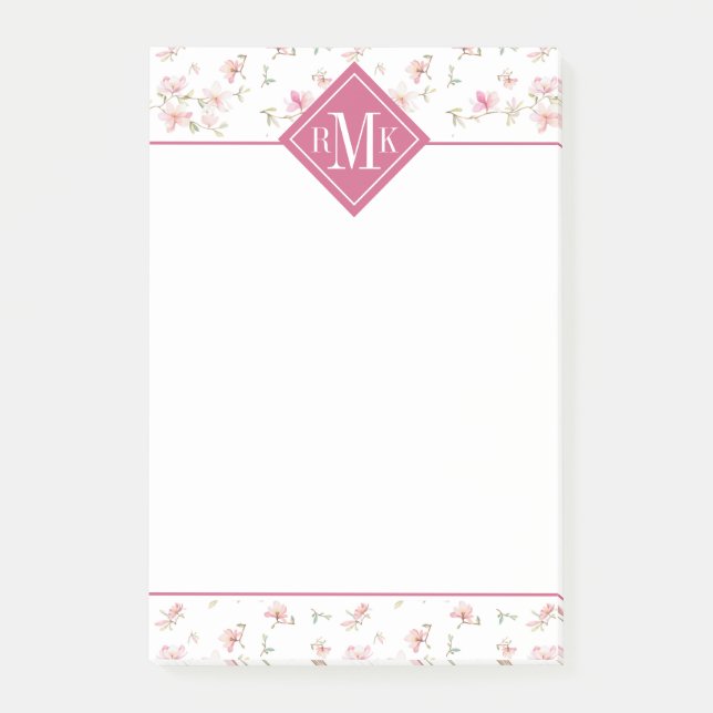 Post-it® Fleur rose molle d'aquarelle du monogramme | (Devant)