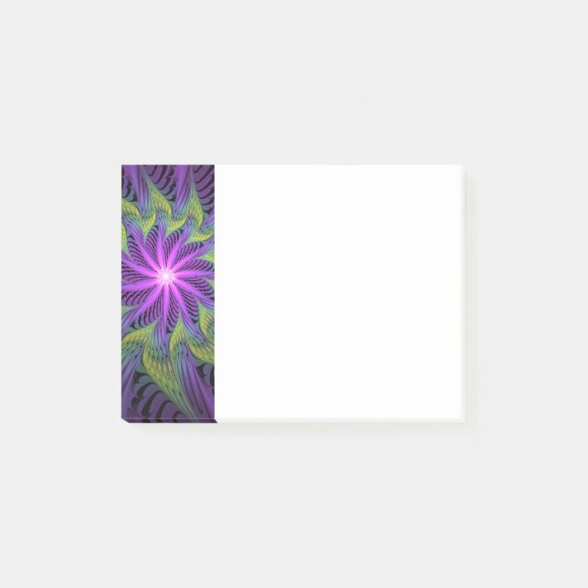 Post-it® Fleur verte abstraite moderne d'art fractal violet (Devant)