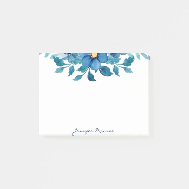 Post-it® Fleurs aquarelle bleue personnalisées (Devant)