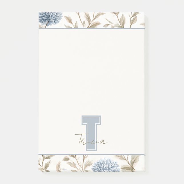 Post-it® Fleurs Brunes Bleues Crème Monogramme Initial Nom (Devant)