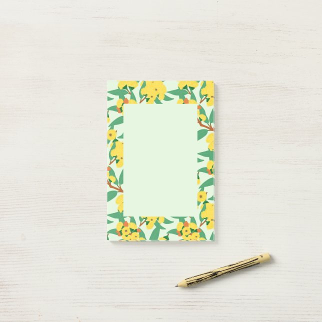 Post-it® Fleurs d'eucalyptus jaune (Sur un bureau)