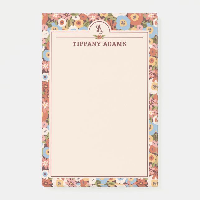Post-it® Fleurs Ditsy Abstraites Rétro Monogramme Nom (Devant)