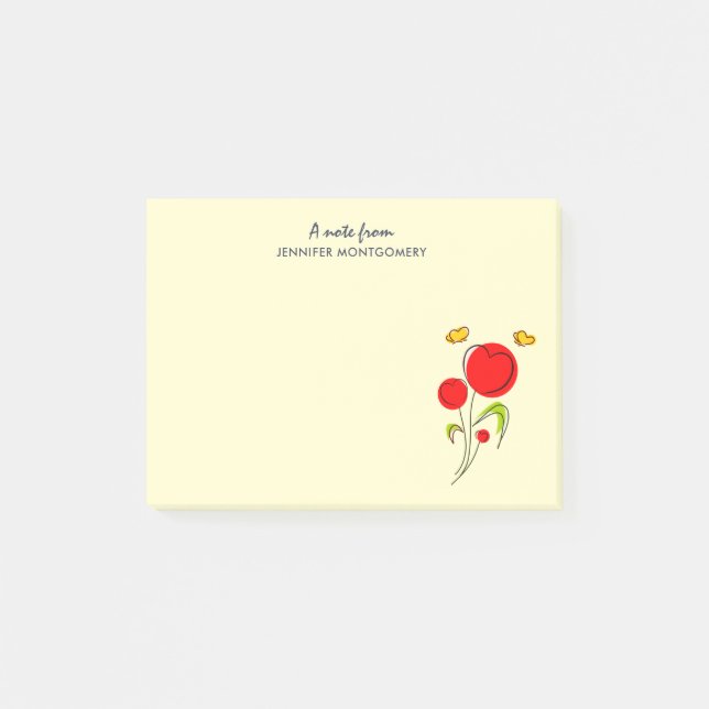 Post-it® Fleurs du Coeur Rouge mignonnes et papillons jaune (Devant)