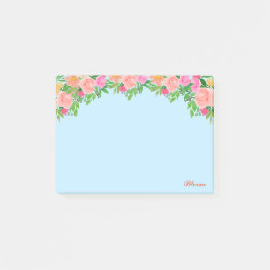 Post-it® Fleurs roses & calligraphie sur bleu clair