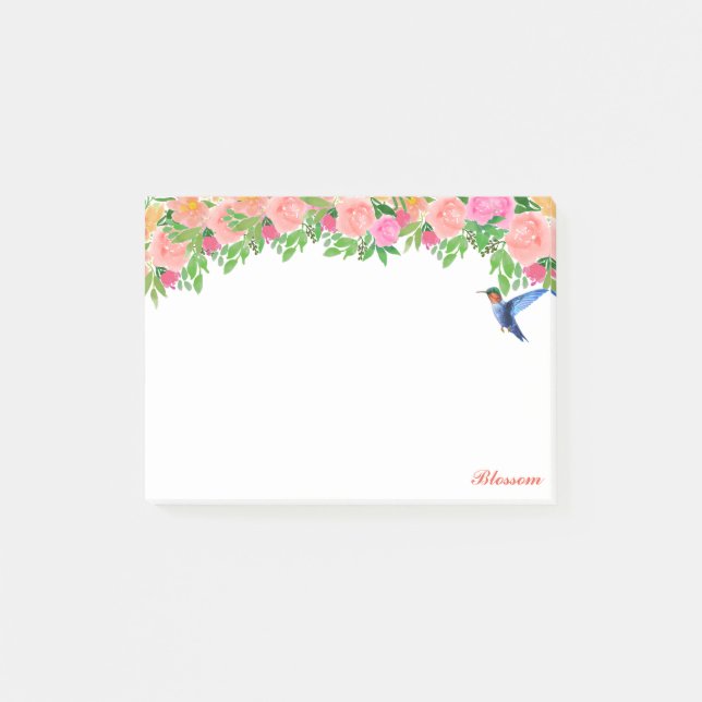 Post-it® Fleurs roses, colibri et calligraphie sur fond bla (Devant)