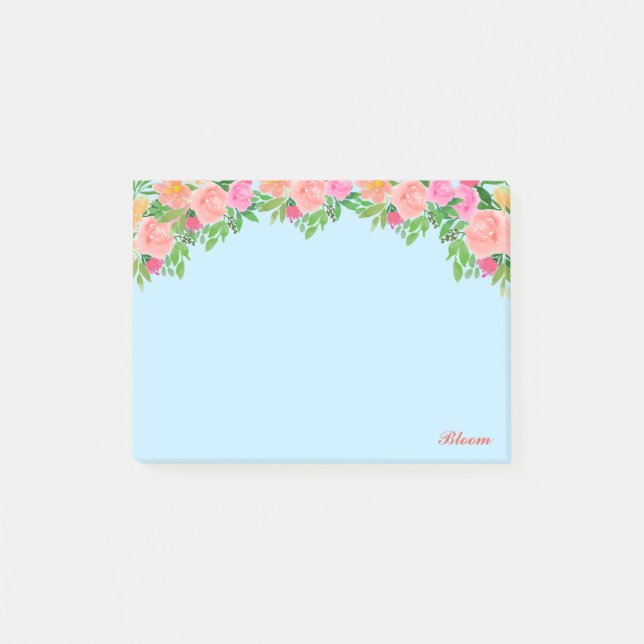 Post-it® Fleurs roses et calligraphie sur fond bleu clair (Devant)