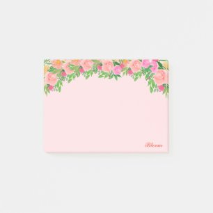Post-it® Fleurs roses et calligraphie sur rose clair
