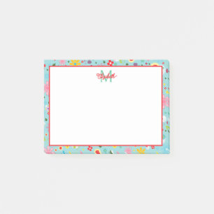 Post-it® Fleurs roses et rouges sur Monogramme Turquoise