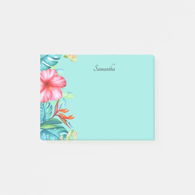 Post-it® Fleurs tropicales Personnalisées Turquoise 4x3 (Devant)