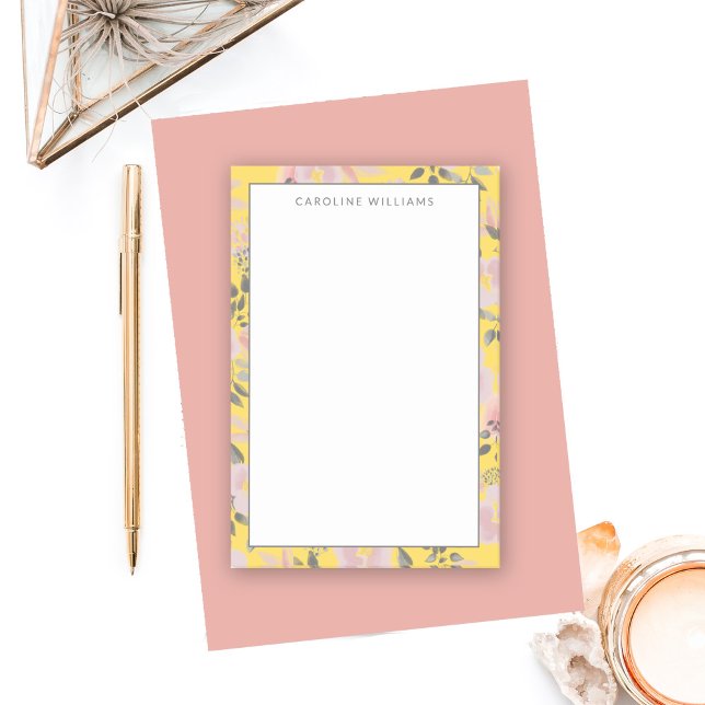 Post-it® Floral gris rose jaune joyeux avec nom (Créateur téléchargé)