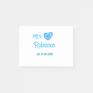 Post-it® Future mariée Mme ajouter nom date cœur bleu aquar