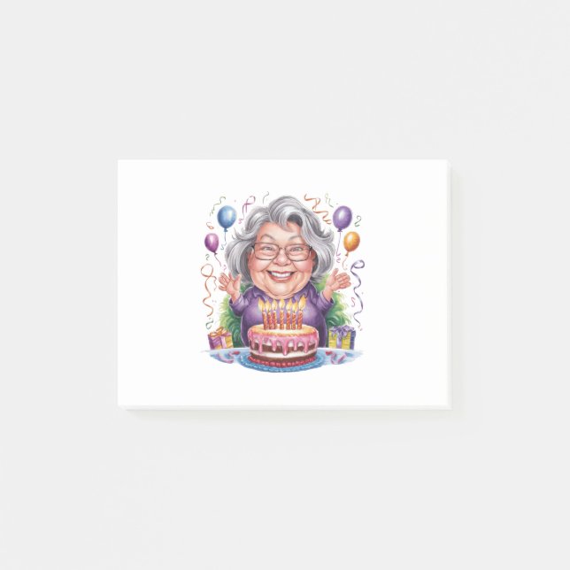 Post-it® Gâteau d'anniversaire art pour dame âgée excitée (Devant)