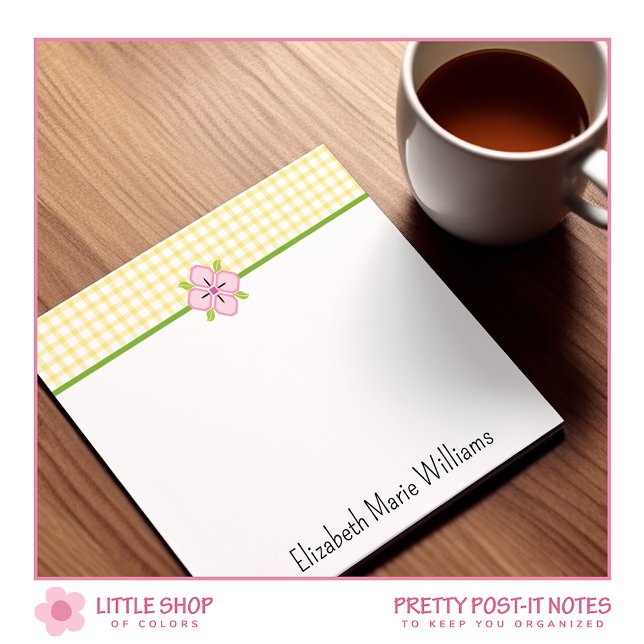 Post-it® Gingham Jaune Floral Rose Personnalisé (Créateur téléchargé)