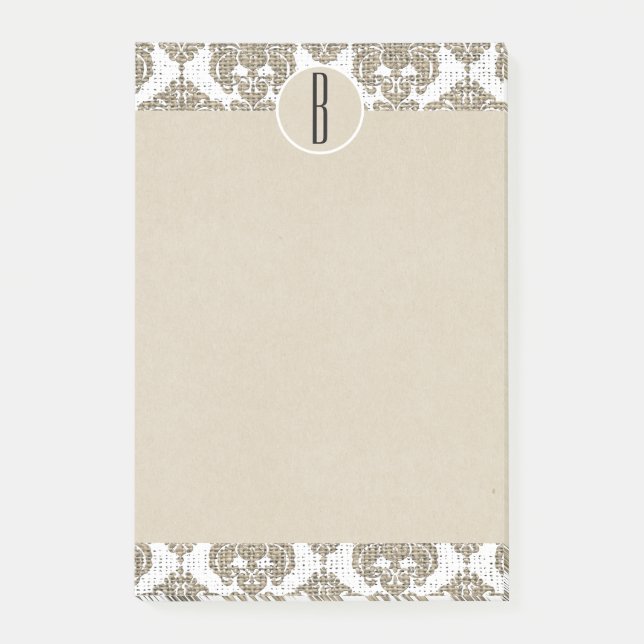 Post-it® Glam Rustique Burlap Damask Kraft Monogramme initi (Devant)