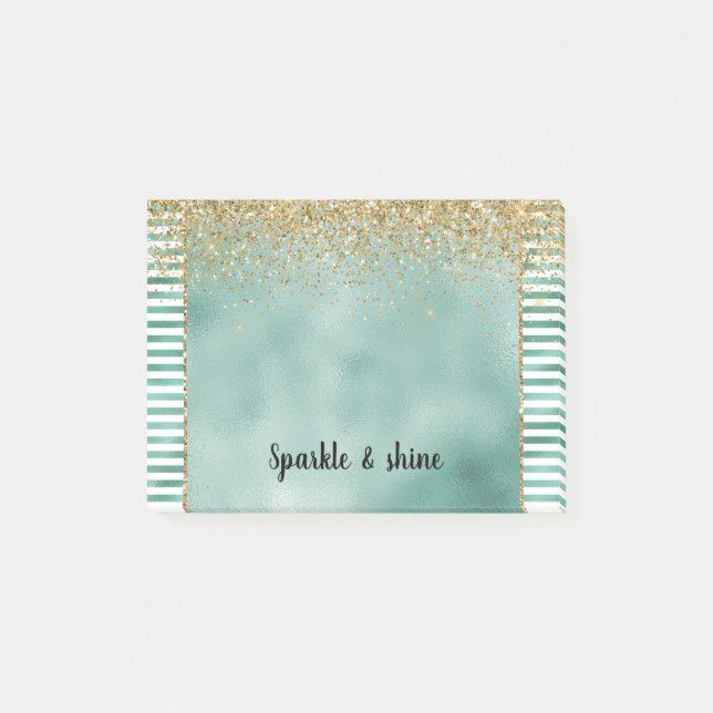 Post-it® Glam Vert Rayures Blanches Paillettes Or (Devant)