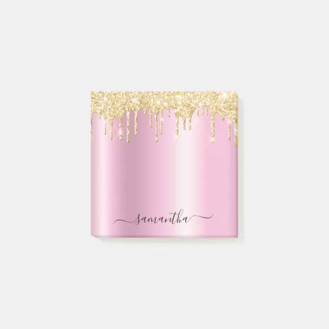 Post-it® Gold Glitter Drips Pink Shimmer Glam Name (Devant)