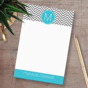 Post-it® Gris et chevrons d'Aqua avec le monogramme fait