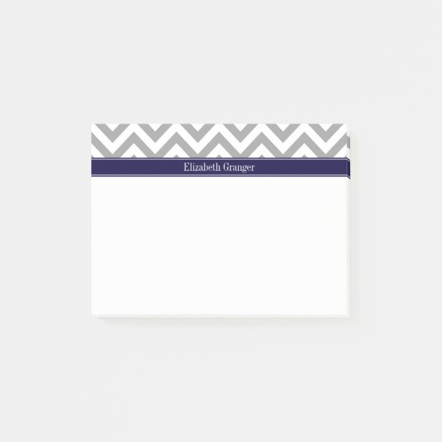 Post-it® Gris foncé Lg Chevron Marine Nom bleu Monogramme (Devant)