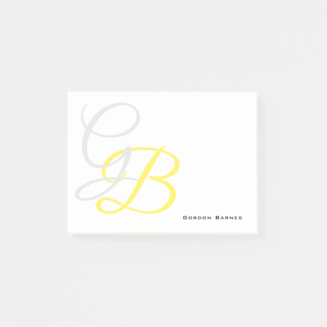 Post-it® Gris Jaune Blanc Monogramme Votre Nom Personnalisé (Devant)