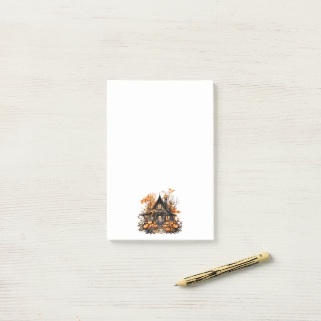 Post-it® Halloween Maison hantée avec Citrouilles & Foliage (Sur un bureau)