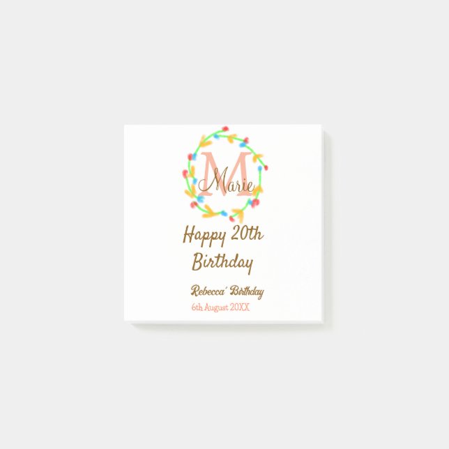 Post-it® Happy 20th Birthday red add name monogram wreath (Devant)
