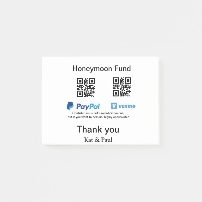Post-it® Honeymoon Fund PayPal Venmo QR code Merci (Devant)