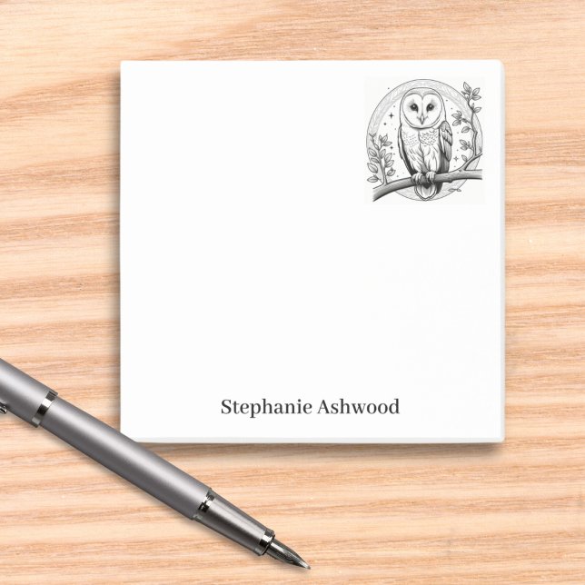 Post-it® Image d'oiseau de la chouette effraie en noir et b (A set of sticky notes, with a barn owl motif and custom name on each page)