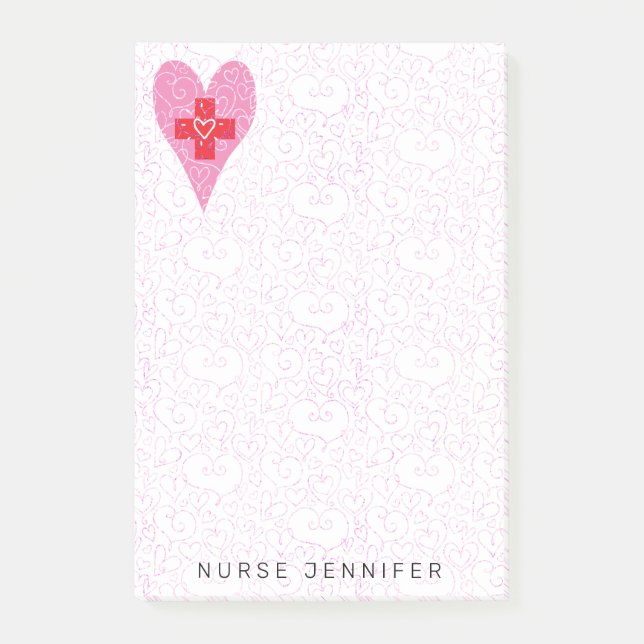 Post-it® Infirmière Monogramme Coeurs roses Motif 4x6 (Devant)