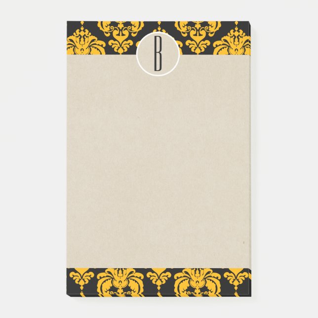 Post-it® Jaune noir verre Damas Kraft Monogramme initial (Devant)