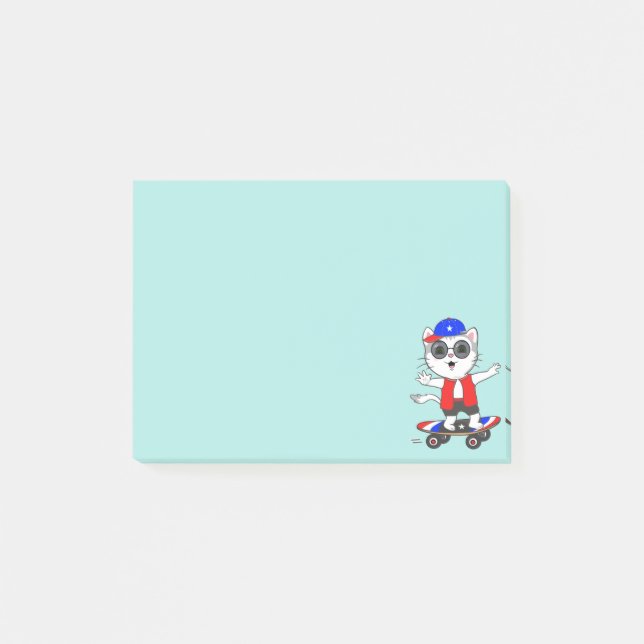 Post-it® Joli chat skater sur des post-its bleu sarcelle cl (Devant)