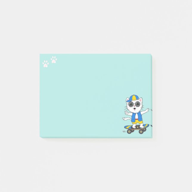 Post-it® Joli chat skater sur un fond bleu sarcelle clair (Devant)