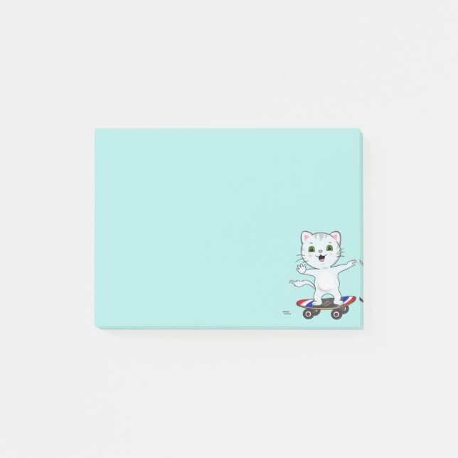 Post-it® Joli chat skateur sur des notes bleu sarcelle clai (Devant)