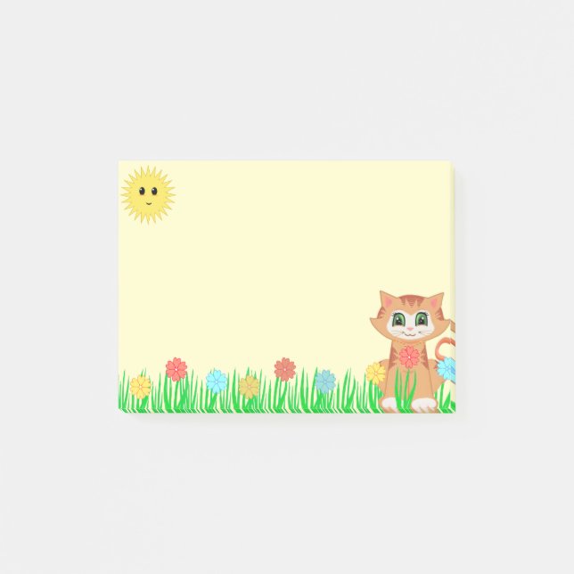 Post-it® Joli chaton, soleil, fleurs et herbe (Devant)