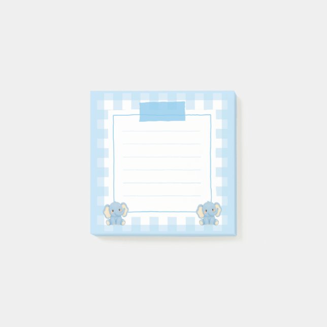 Post-it® Joli Éléphant Bleu Kawaii Carnet Gingham (Devant)