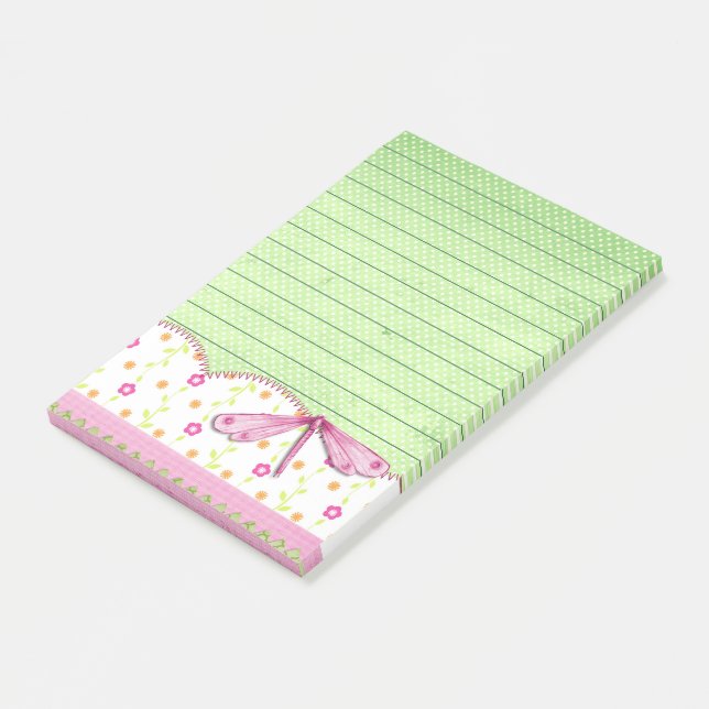Post-it® Joli floral rose et vert avec libellule (Incliné)