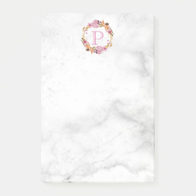 Post-it® Joli Monogramme de couronne de fleurs rose (Devant)