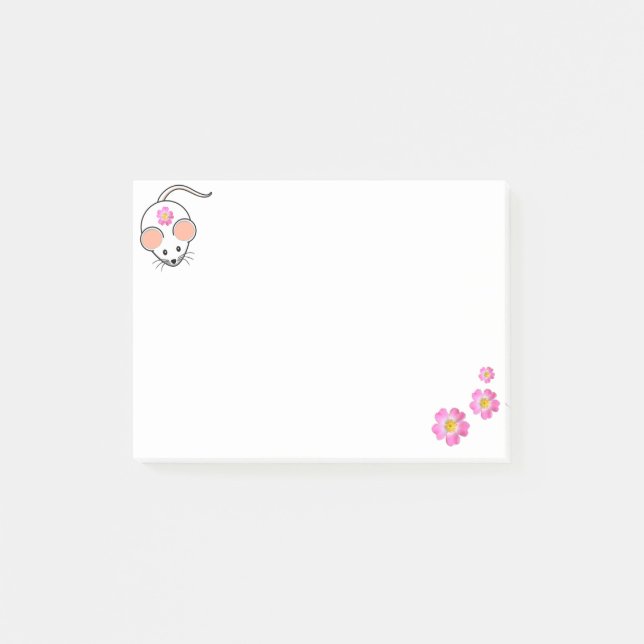 Post-it® Joli souris blanc et fleurs roses sur fond blanc (Devant)