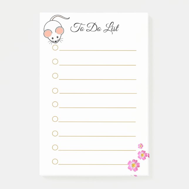 Post-it® Joli souris blanc & fleurs roses sur lignées blanc (Devant)